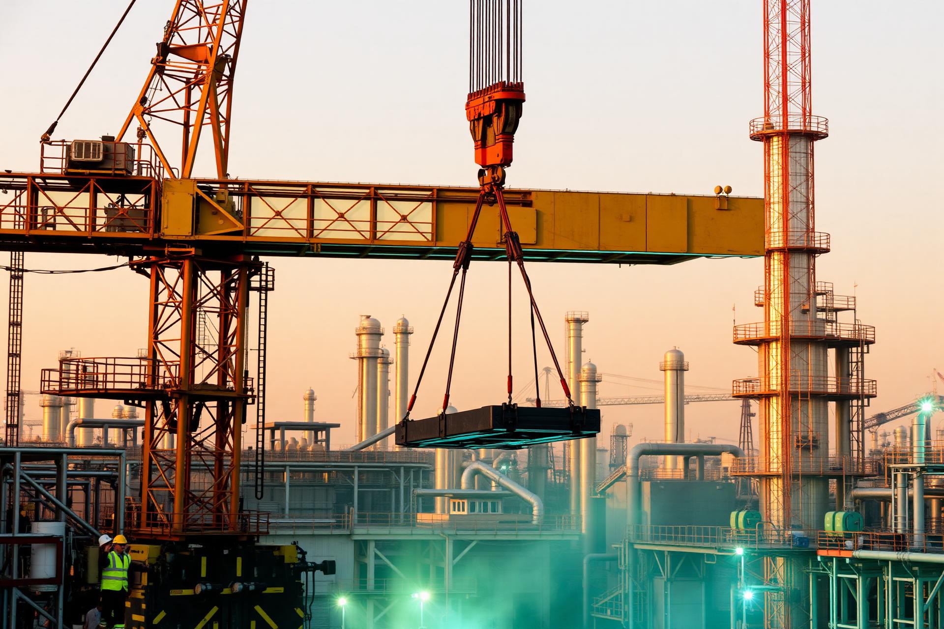 Operação industrial de içamento em refinaria